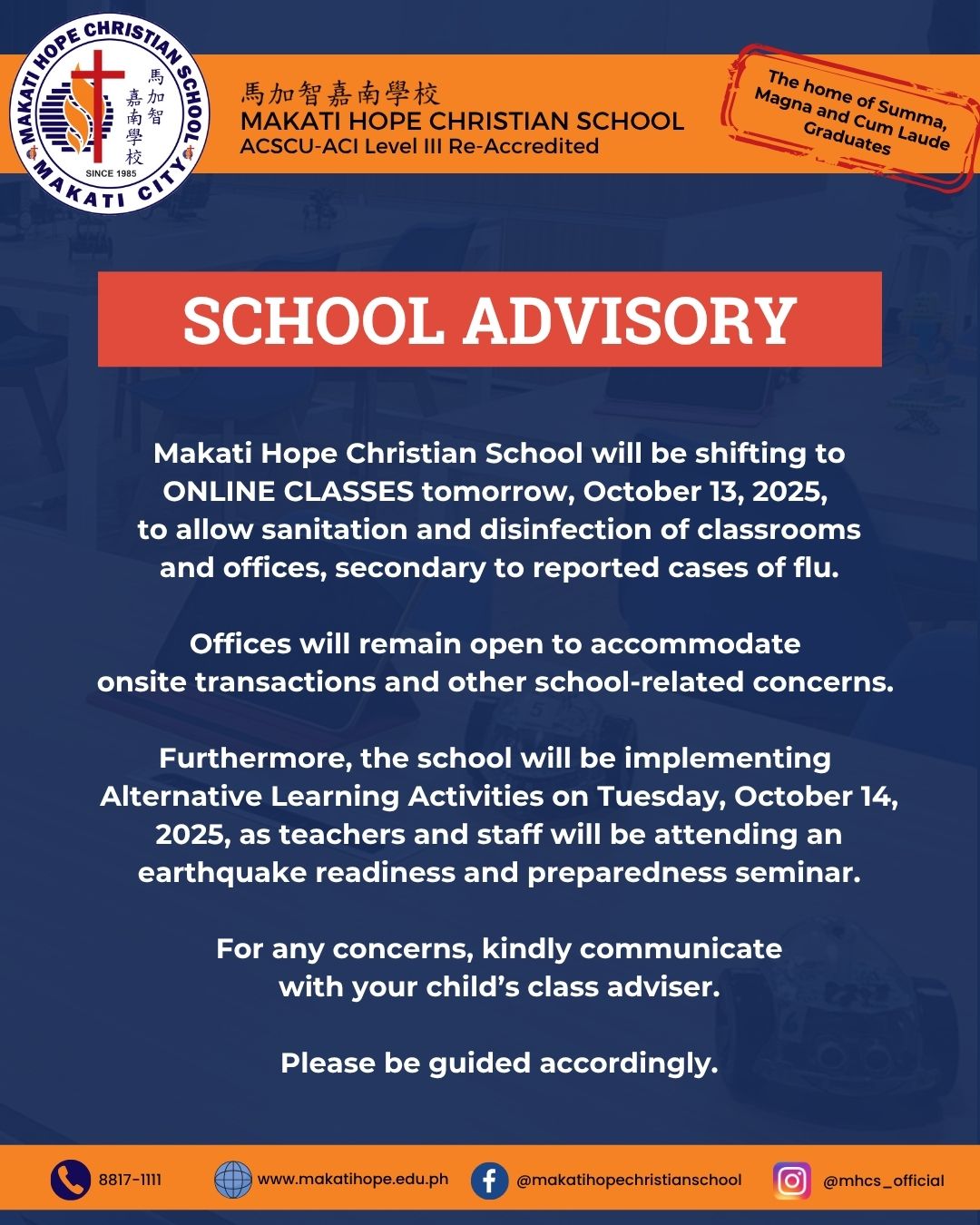 MHCS Advisory for October 13, 2025